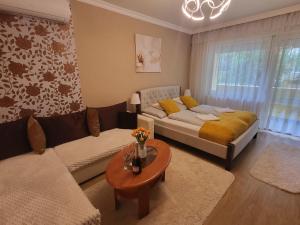 a living room with a bed and a couch at Jókai Apartman Szarvas in Szarvas