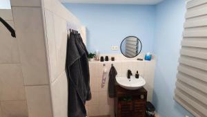 a bathroom with a sink and a mirror at Gemütliche Ferienwohnung Berlin für 9 Personen in Berlin