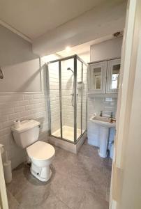 a bathroom with a toilet and a shower and a sink at East Pallant Bed and Breakfast, Located in Large Georgian Townhouse in Central Chichester in Chichester +37 photos