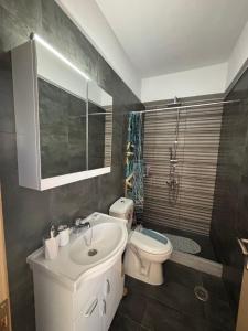 a bathroom with a white sink and a toilet at Mare Calmo Studios, Chios in Chios