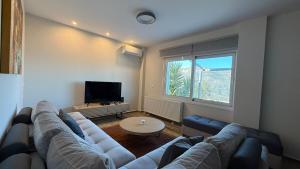a living room with a couch and a tv at Guesthouse Charitou in Áno Dhiakoptón