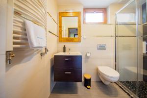een badkamer met toilet, wastafel en douche bij Widokowa Chata Kościelisko in Kościelisko +67 foto's