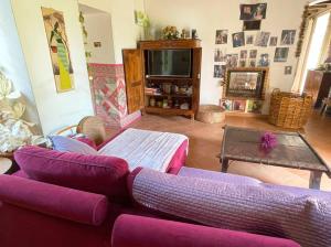 a living room with purple couches and a tv at Nature, calme et confort - Bienvenue à Maymac in Pampelonne