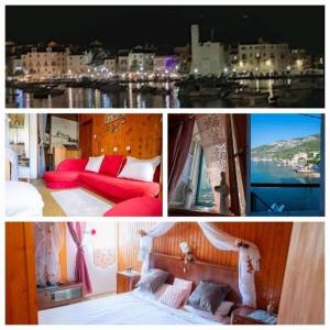 een collage van drie foto's van een slaapkamer en een bed bij Apartma Maggie in Komiža