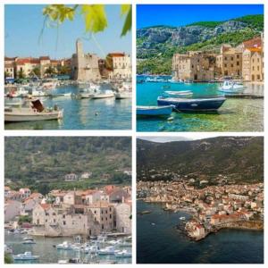 een groep van vier foto's van een haven met boten bij Apartma Maggie in Komiža