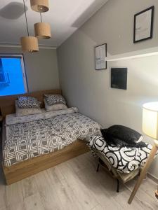 a bedroom with two beds and a lamp at Apartament Starołeka in Poznań