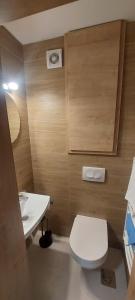 a bathroom with a white toilet and a sink at Peace & green in Žabljak