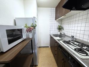 una cocina con fregadero y estufa horno superior en ParkResidence -Family room-, en Sapporo