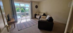 a living room with a couch and a bed and a window at Tidy Spacious & Quiet 2BD on Edge of Cork City in Cork
