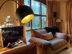 a living room with a couch and a large window at Het Boshoekje Bosweg 6 Burgh-Haamstede in Burgh Haamstede