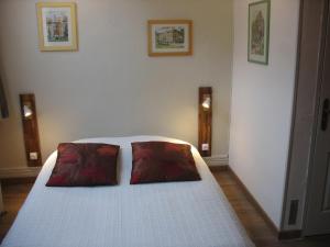 a bedroom with a bed with two red pillows at Type 2, Valenciennes centre, 40 m2 in Valenciennes