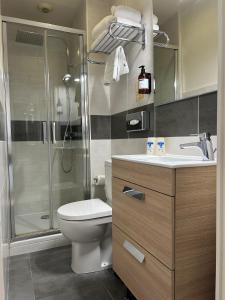a bathroom with a shower and a toilet and a sink at Hôtel Les Charmettes - Saint Malo in Saint Malo