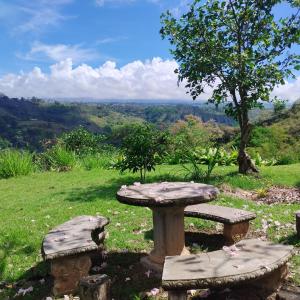 Una mesa de piedra y bancos sentados en una colina con vistas en Orosi al Natural Hotel Boutique, en Orosí