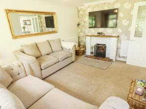 a living room with a couch and a fireplace at Lake View Cottage in Alford