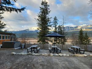 due tavoli da picnic e un ombrellone con le montagne sullo sfondo di Alpenrose 100 King bed Hottub Mountains Views a Golden