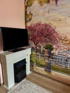 チェルニウツィーにあるSky of Paris Apartmentのリビングルーム(テレビ、暖炉付)