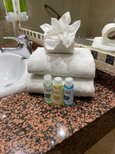 贝纳尔马德纳Hotel ViveMar的浴室柜台上放着一堆毛巾和一盒药