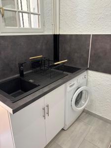 eine Küche mit Spüle und Waschmaschine in der Unterkunft studio cabine climatisé proche de la plage in Argelès-sur-Mer