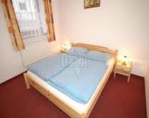 a bedroom with a bed with a blue mattress at Liptovska Izba in Liptovská Kokava