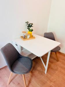 a white table with two chairs and a plant on it at Makro Apartment Großenhain in Großenhain +11 photos