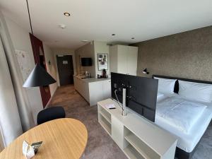 TV a/nebo společenská místnost v ubytování My Flats Studio Apartements - klimatisiert durch Tiefengeothermie - nahe Ravensburger Spieleland und Friedrichshafen