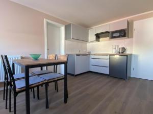 a kitchen with a table and chairs in a room at Ferienwohnungen Lily, Bärwalder See, Ferienwohnung "SPREE" in Klein Uhyst