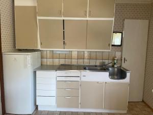 a kitchen with white cabinets and a sink and a refrigerator at Retro hus med fin beliggenhet in Haddal +32 photos