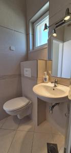 a bathroom with a sink and a toilet and a mirror at APARTMENTS BRUNO 3 - two-room penthouse apartment - wonderful view of the sea - the best location, first row to the beach - 10 minutes from Supetar ferry port - free secured parking - facilities nearby in Sutivan +19 photos