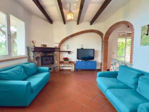 a living room with a blue couch and a fireplace at Dimora Concept - Ca' du Dria - Sea and nature - Free parking in Pietra Ligure