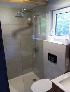 a bathroom with a shower with a toilet and a sink at Domek letniskowy in Klusek Biały