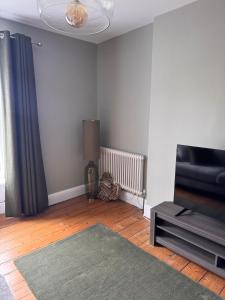 ein Wohnzimmer mit einem TV und einem Teppich in der Unterkunft Saviours View in Dartmouth