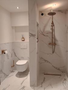 a white bathroom with a toilet and a shower at Het Haven Huysje in Hoorn