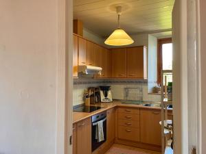 a kitchen with wooden cabinets and a light at El Racó de Baix in Seva