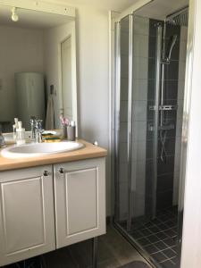 a bathroom with a sink and a glass shower at Ty Amani - Breton Family Getaway in Plourivo