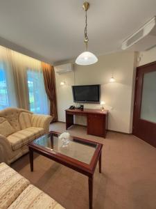 a living room with a couch and a tv at Downtown Bansko Luxury Resort in Bansko