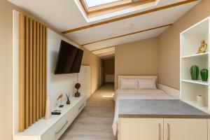 a bedroom with a bed and a skylight at Arena 7-17 Central Suites in Cluj-Napoca