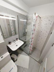 a bathroom with a shower and a toilet and a sink at Casa BEYAZ in Mangalia +65 photos