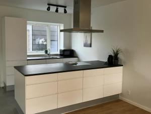 a kitchen with white cabinets and a black counter top at Spacious Apartment for 7 in Sabro