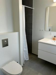 a white bathroom with a toilet and a sink at Spacious Apartment for 7 in Sabro +6 photos