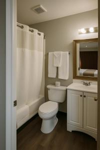 a bathroom with a toilet and a sink and a mirror at Rodeway Inn El Cajon - San Diego East in El Cajon +22 photos