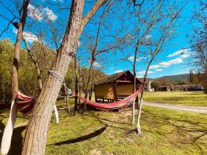 a hammock in a field with a gazebo at LA STORIA by Camping Mala in Eşelniţa