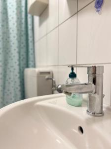 a soap bottle sitting on a bathroom sink at City Apartment Nähe Uni mit Parkplatz in Koblenz