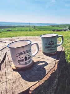 two coffee mugs sitting on top of a log at La Ograda - Cheile Turzii, near Turda in Sănduleşti +57 photos