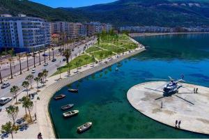 a helicopter sitting in the water next to a beach at Ilia's Coastal Apartement in Vlorë