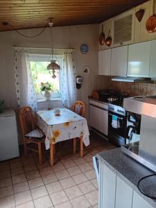 a kitchen with a table and chairs in a kitchen at Sonnenscheinhof Alpakas, Ferienwohnung in Lasbek +23 photos