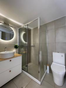 a bathroom with a shower and a toilet and a sink at Aetheria in Ermoupoli