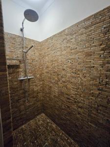 a shower in a bathroom with a brick wall at superbe appartement de prestige avec vue mer in Bastia +12 photos
