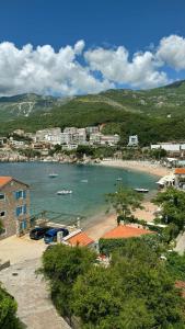 a view of a beach with boats in the water at Apartments Mitrovići Miločer in Sveti Stefan