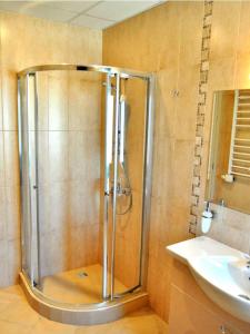 a shower in a bathroom with a sink at Yustina VIllas Къща за гости in Ustina