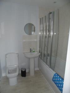 a bathroom with a toilet and a sink and a shower at Cantrip Cottage in Cupar